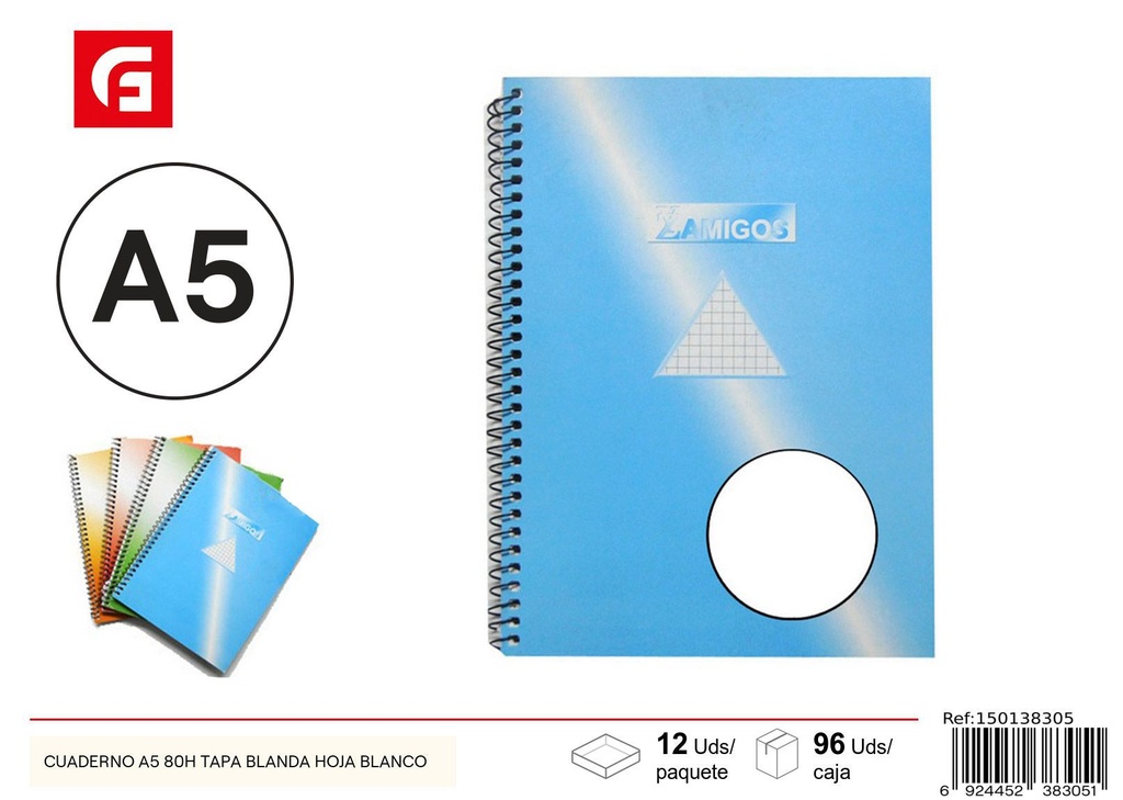 Cuaderno A5 80H tapa blanda hoja blanca - Material escolar y cuadernos