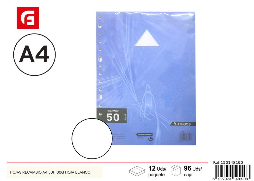 Hojas recambio A4 50H 60g hoja blanca - Material escolar y hojas de repuesto