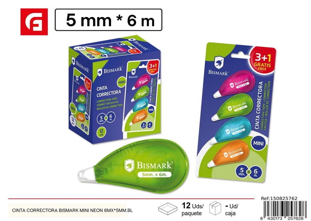 Cinta correctora Bismarck mini neón 6mx*5mm - Material escolar