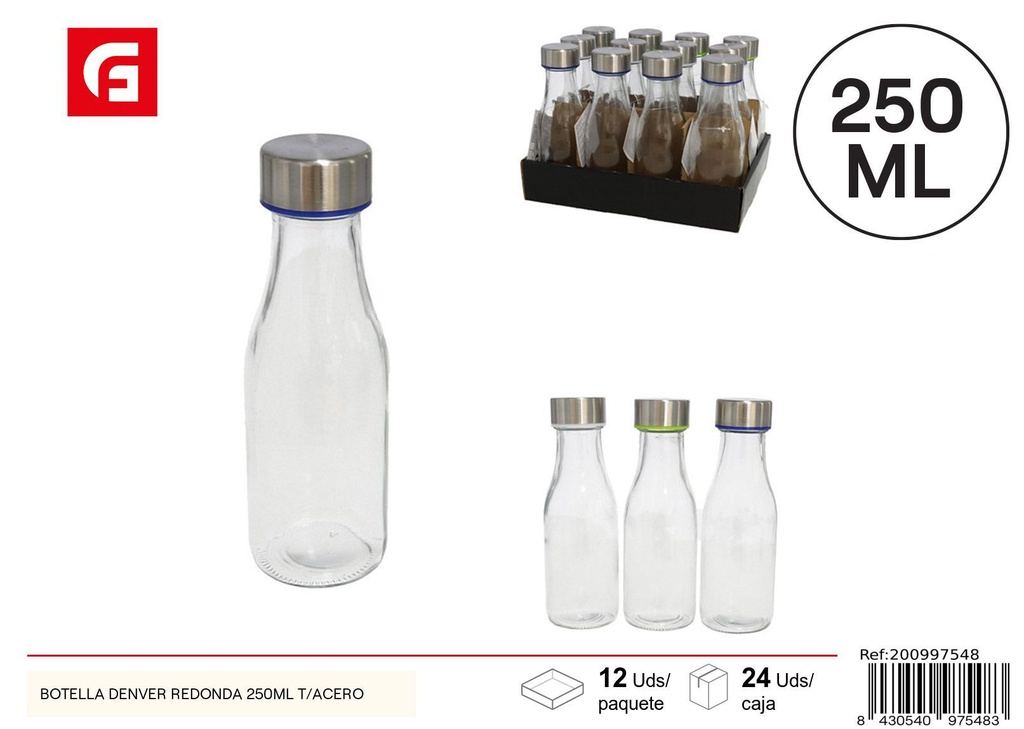 Botella de vidrio redonda Denver 250ml con tapa de acero - Envases y botellas de almacenamiento
