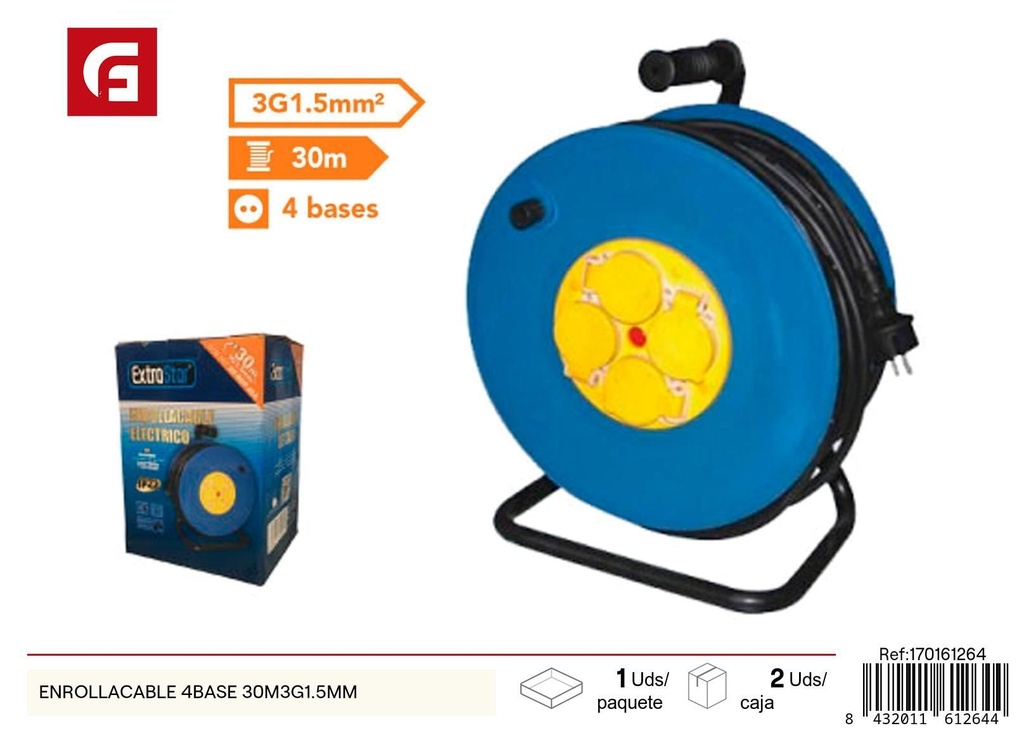 Enrollacable 4 bases 30m 3G1.5mm - Alargadores de enchufe y suministros eléctricos