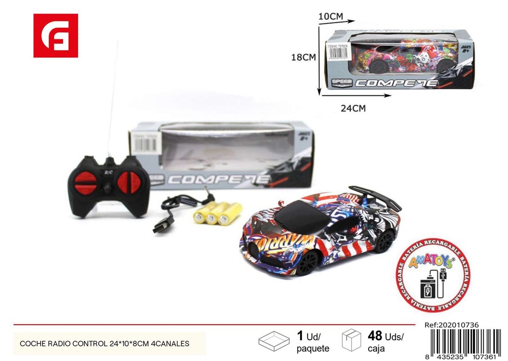 Coche radio control 24x10x8cm 4 canales para niños
