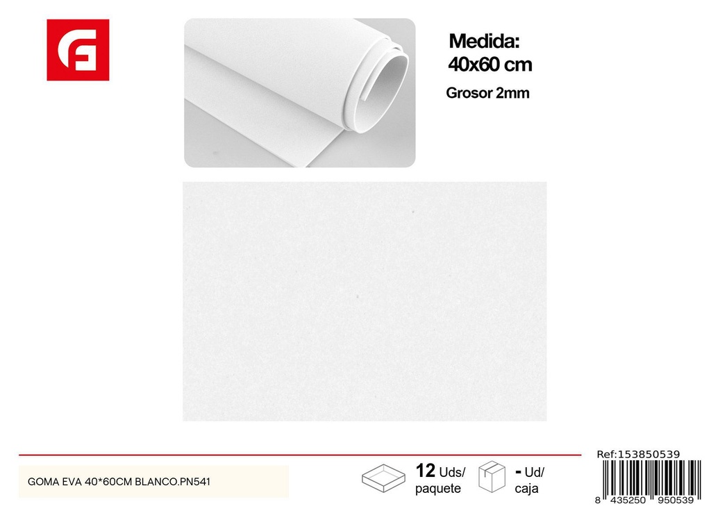 Goma EVA blanca 40 x 60 cm PN541 - Manualidades y material para trabajos creativos