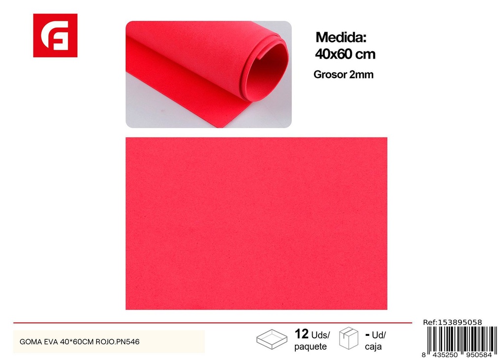Goma EVA de 40 x 60 cm roja PN546 - Manualidades y materiales creativos