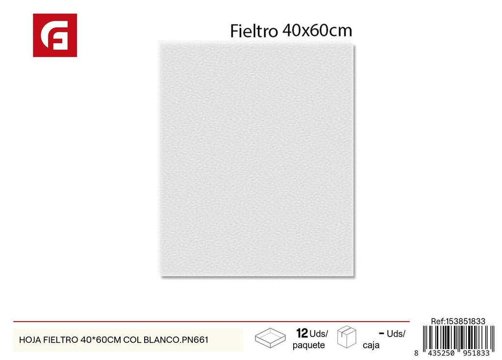 Hoja de fieltro blanca 40 x 60 cm PN661 - Manualidades y proyectos de arte