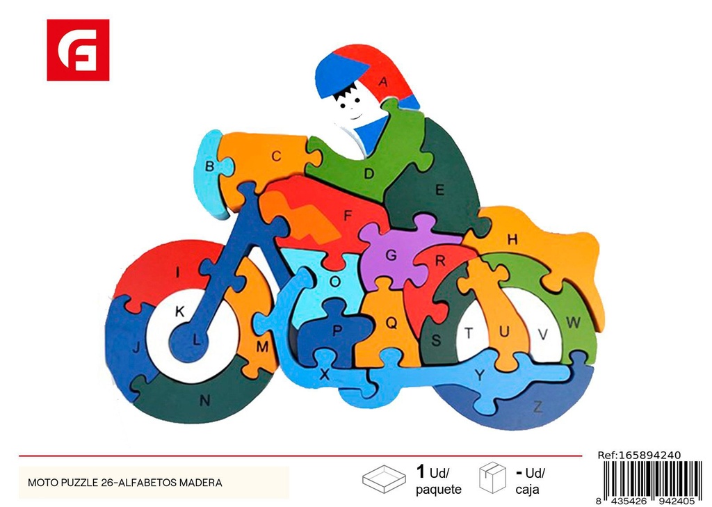 Puzzle de moto con 26 letras de madera - Juego educativo de aprendizaje