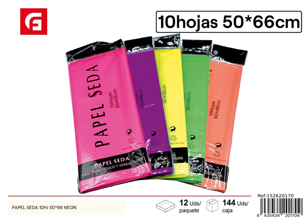 Papel seda 10HJ 50x66 neón - Materiales para manualidades