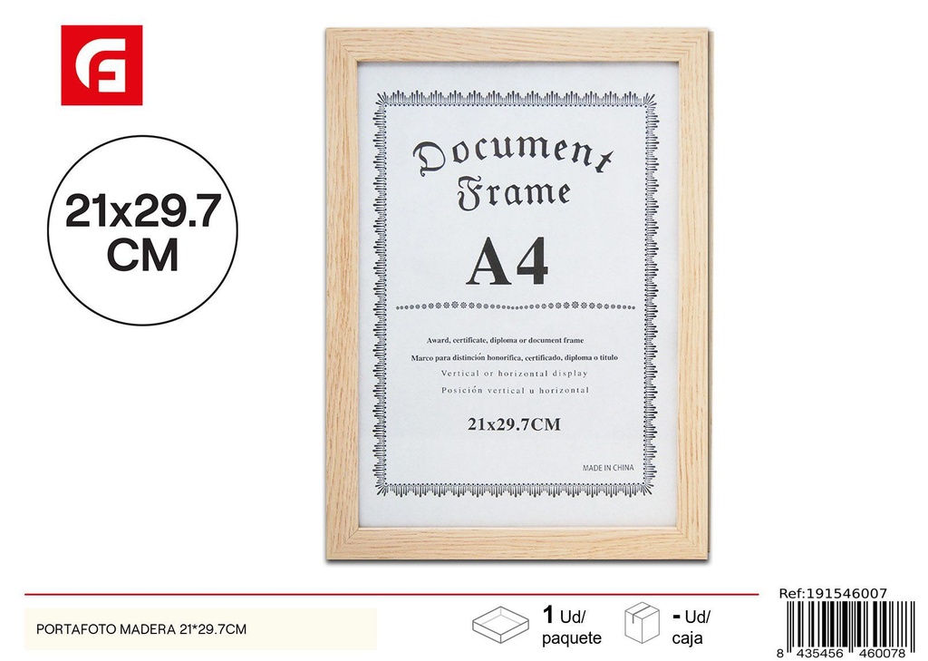Portafoto de madera 21*29.7 cm - Marco para diplomas o certificados