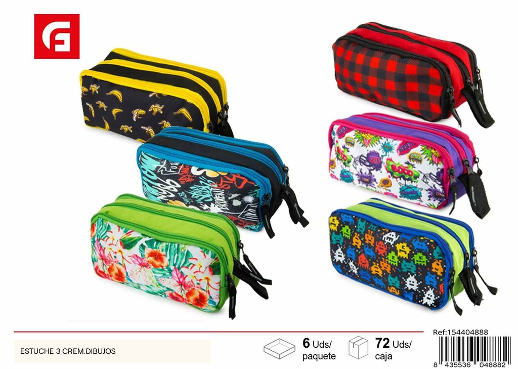 Estuche 3 cremalleras con dibujos - Material escolar y portatodo