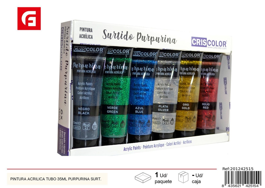 Pintura acrílica tubo 35 ml purpurina surtida - Materiales escolares y manualidades