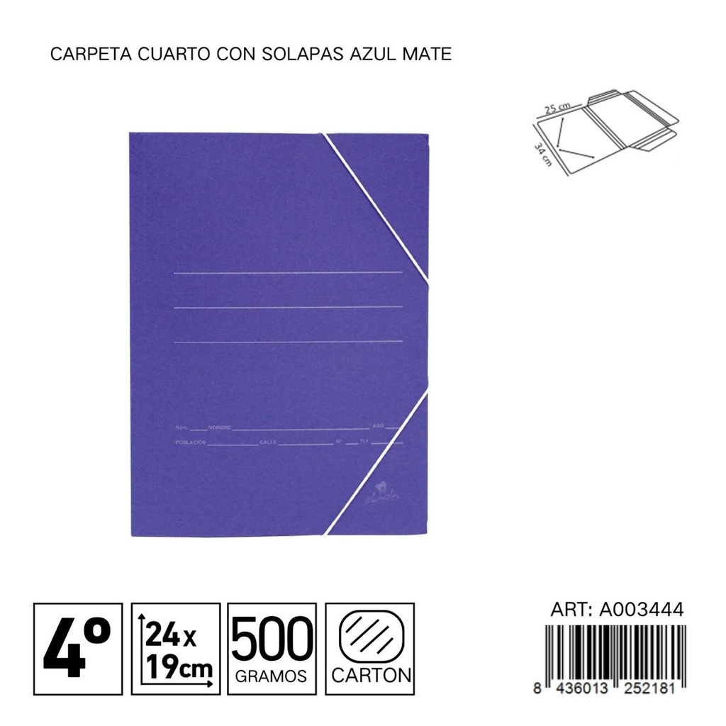 Carpeta cuarto con solapas azul mate 500 g - Materiales de oficina