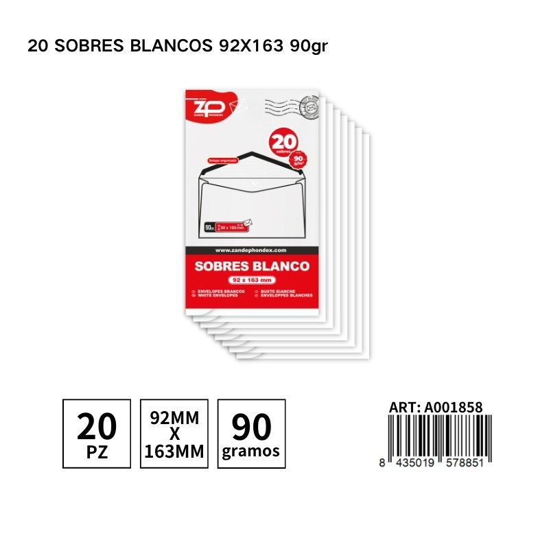 Paquete de 20 sobres blancos 92x163 90g - Papelería y empaques