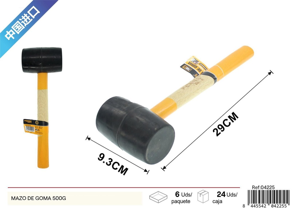 Mazo de goma con mango de madera, 500g - Herramientas de ferretería y martillos