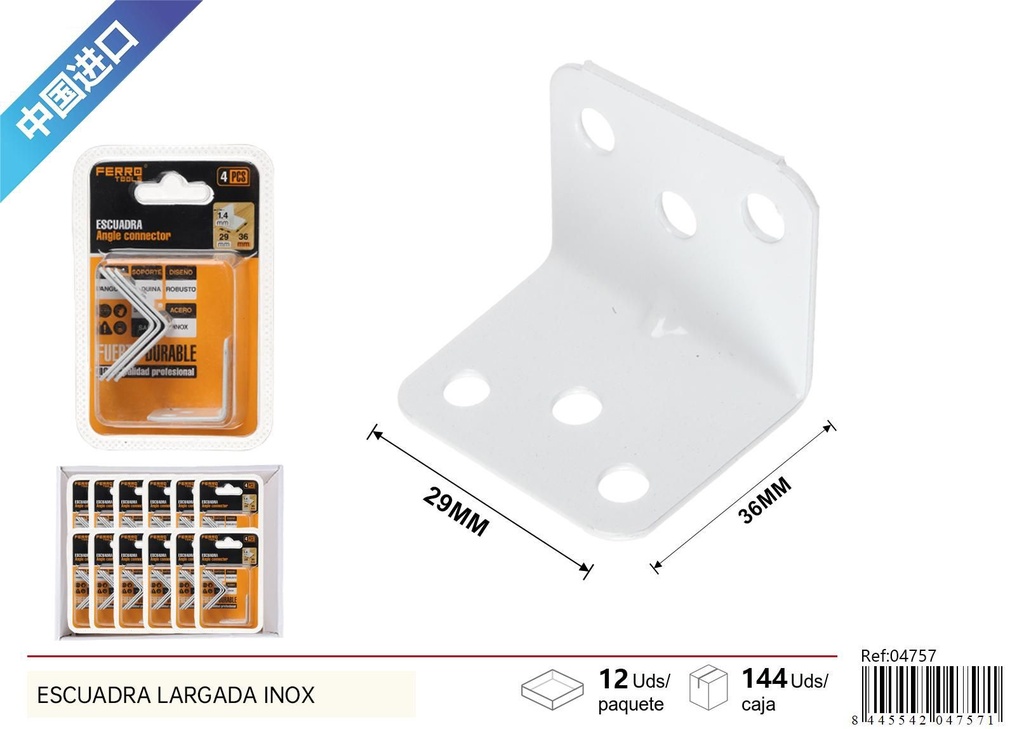 Escuadra cuadrada blanca 1.4 mm 29x29x36 mm - Juego de 4 soportes para ferretería