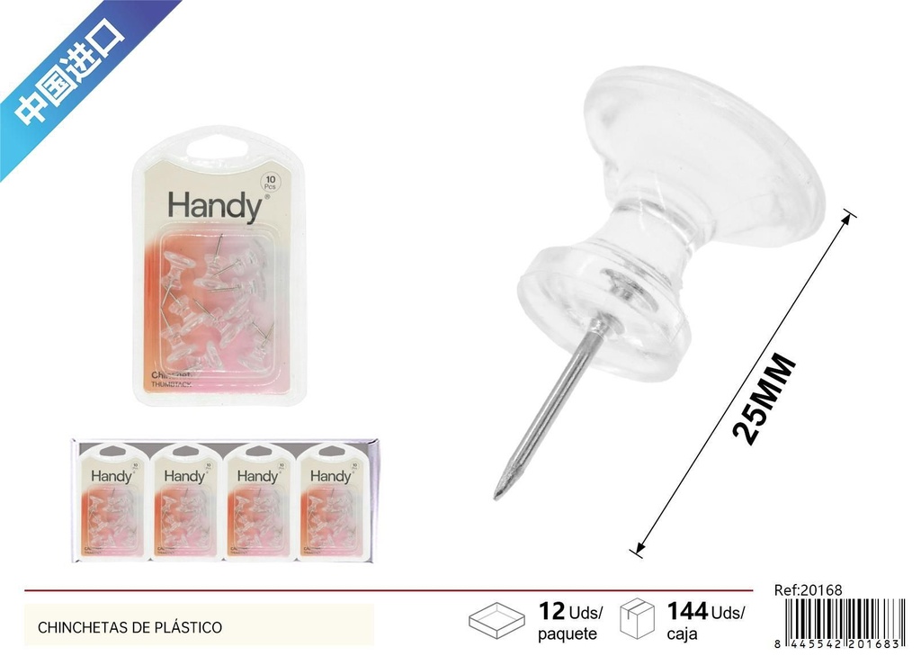 Chinchetas de plástico grandes transparentes - Material de oficina