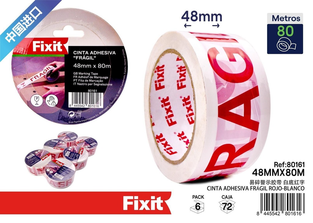Cinta frágil rojo y blanco 48mm x 80m - Cintas de embalar y etiquetado