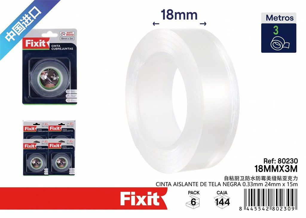 Cinta acrílica autoadhesiva resistente al agua 18mm*3m - Suministros de construcción