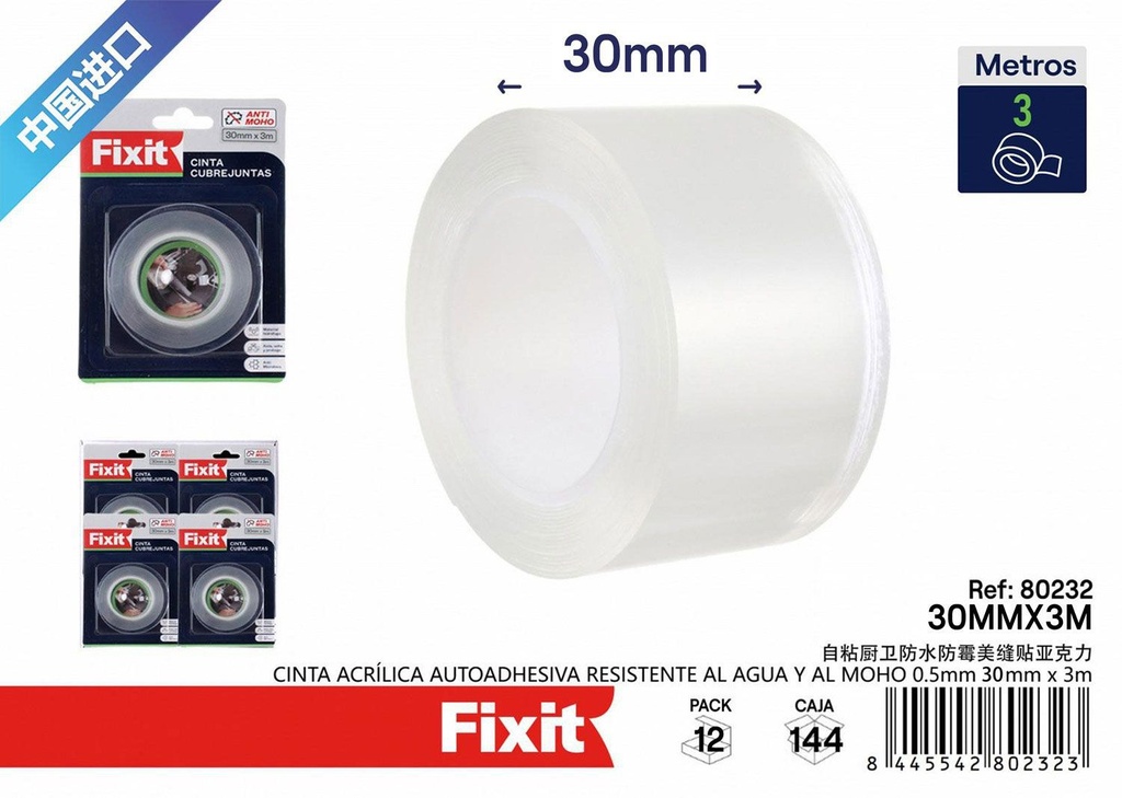 Cinta acrílica autoadhesiva resistente al agua 30mm*3m - Suministros de construcción