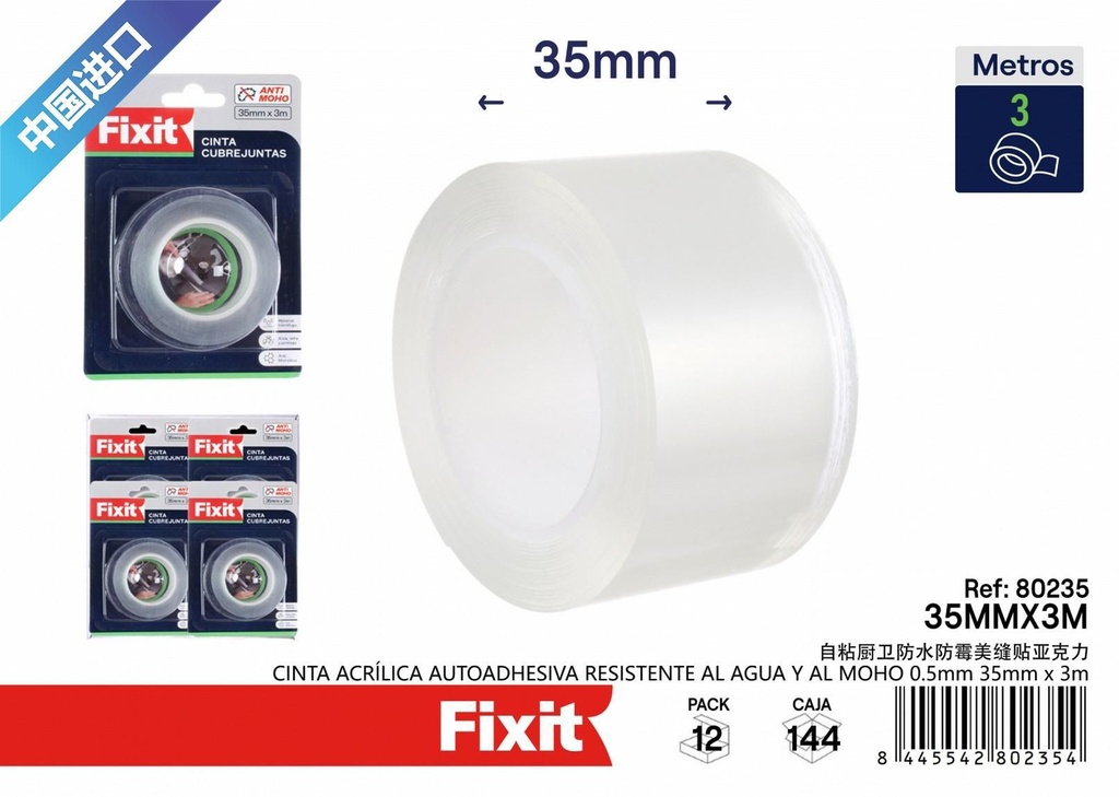 Cinta acrílica autoadhesiva resistente al agua 35mm*3m - Suministros de construcción