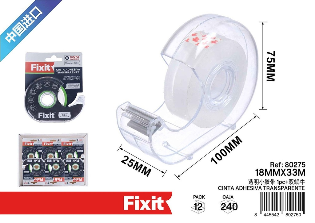 Cinta adhesiva transparente 18 mm*33 m - Materiales de oficina y manualidades