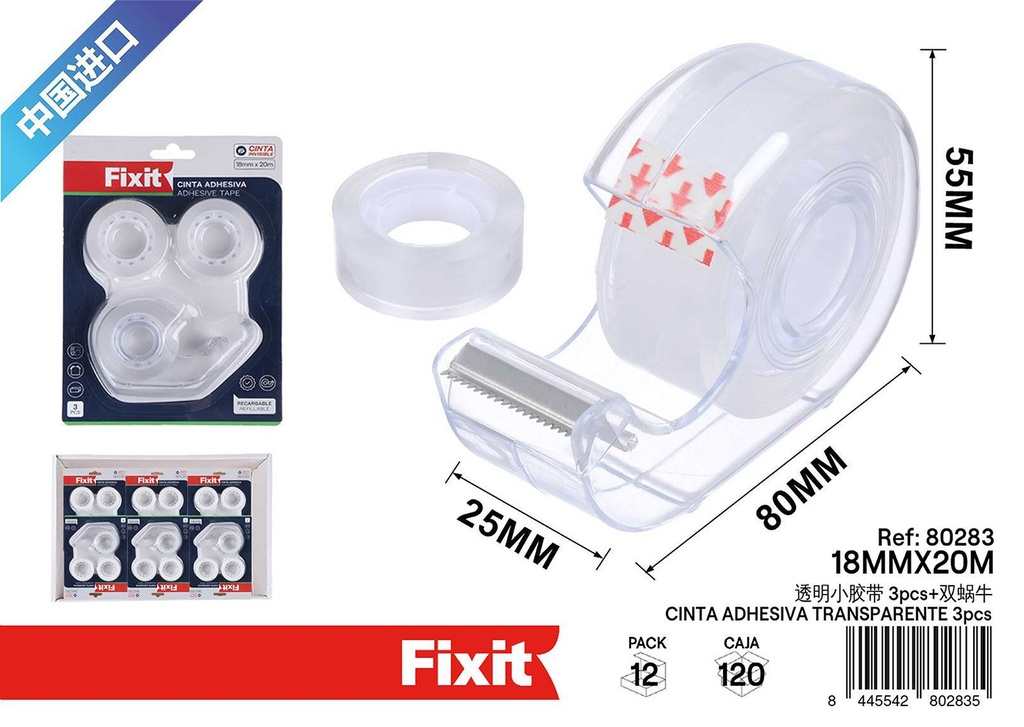 Cinta adhesiva transparente 18mm x 20m (3 piezas) - Suministros de oficina y cinta
