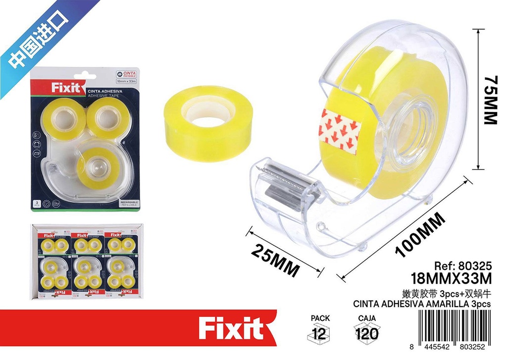 Cinta adhesiva amarilla 18mm*33m 3pcs - Material de oficina y adhesivos