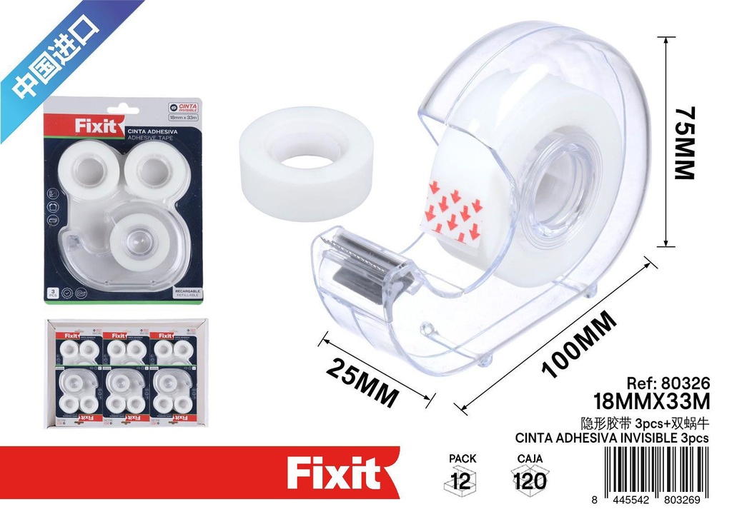 Cinta adhesiva invisible 18mm*33m 3pcs - Material de oficina y adhesivos