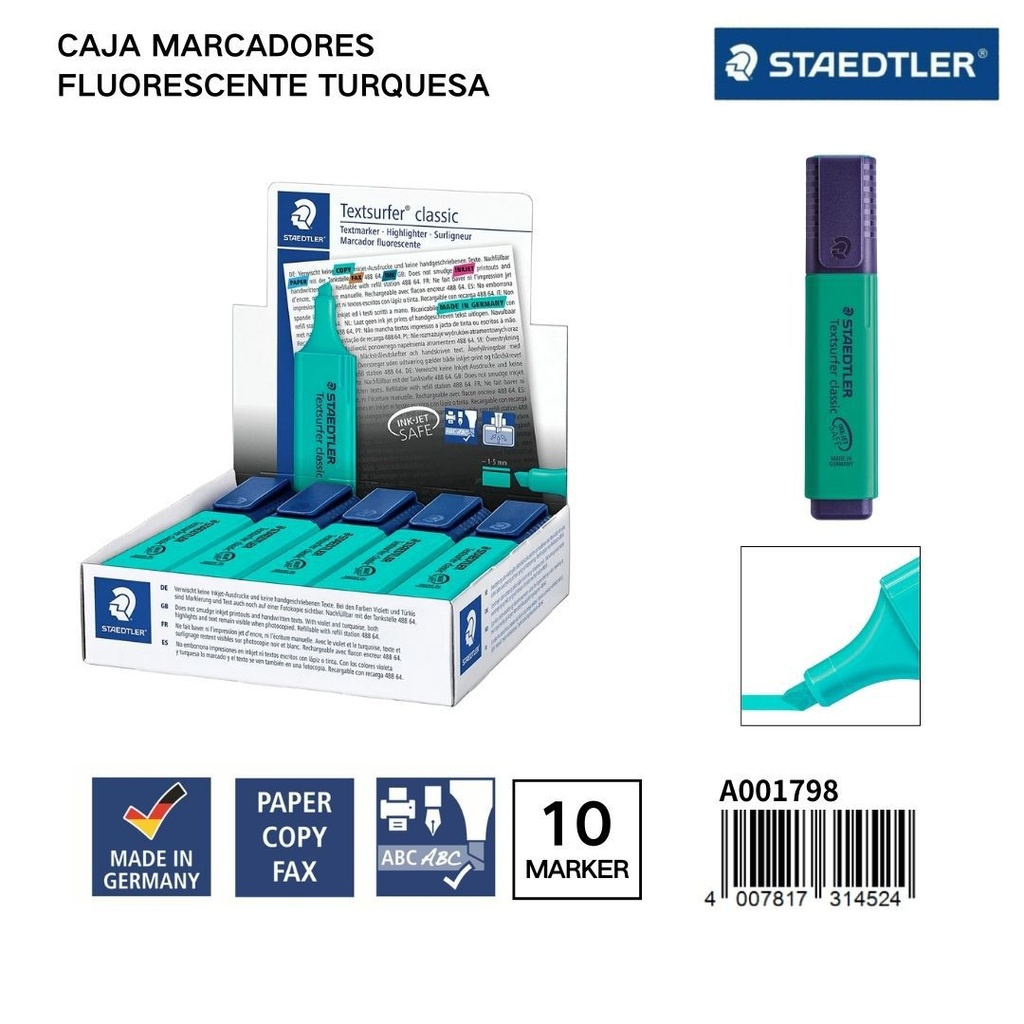 Marcadores fluorescentes STAEDLER 1/5MM Caja 10 Turquesa