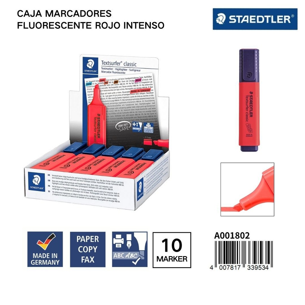 Marcadores fluorescentes STAEDLER 1/5MM Caja 10 Rojo Intenso