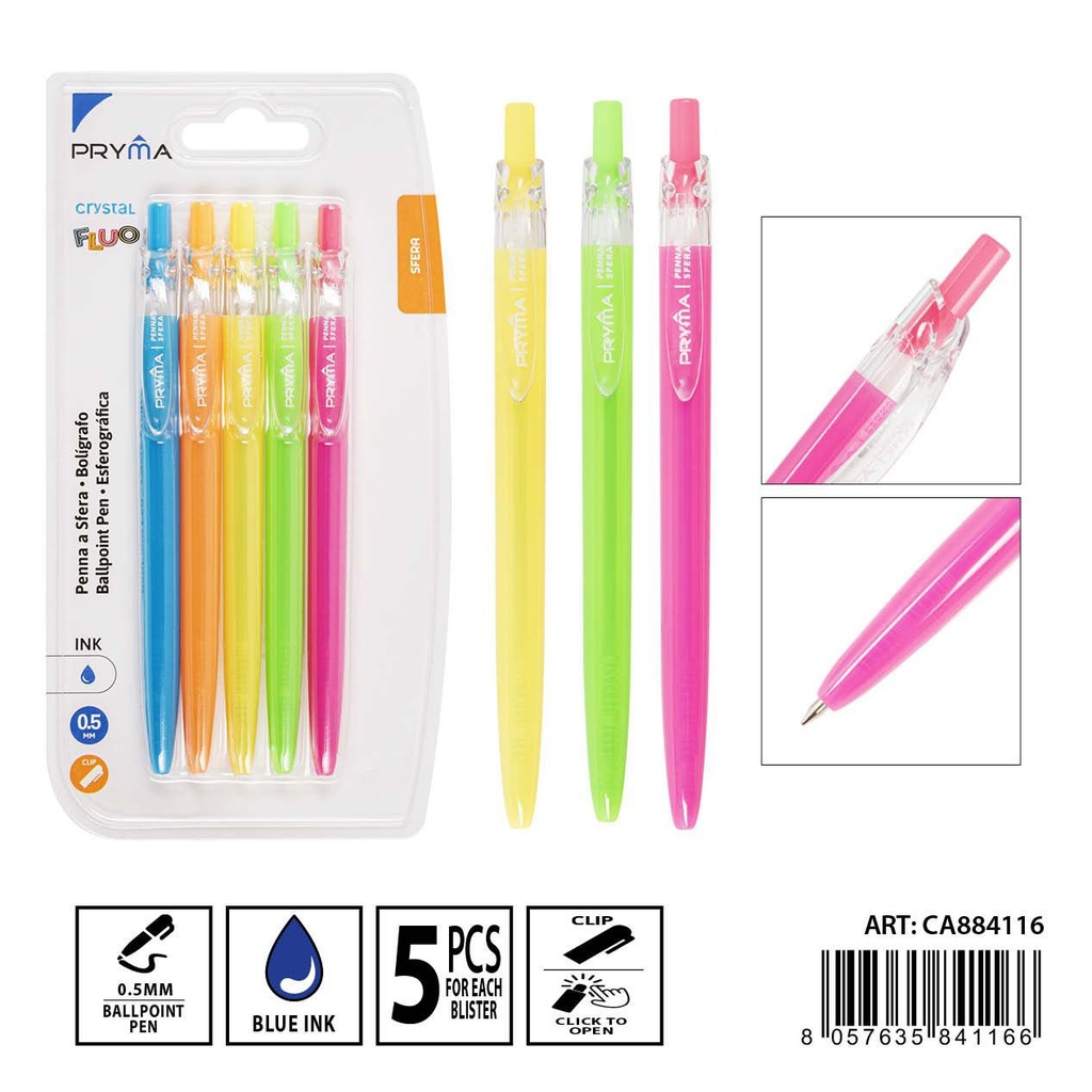 Bolígrafo fluo cristal 0.5 mm 5 unidades - Material de oficina
