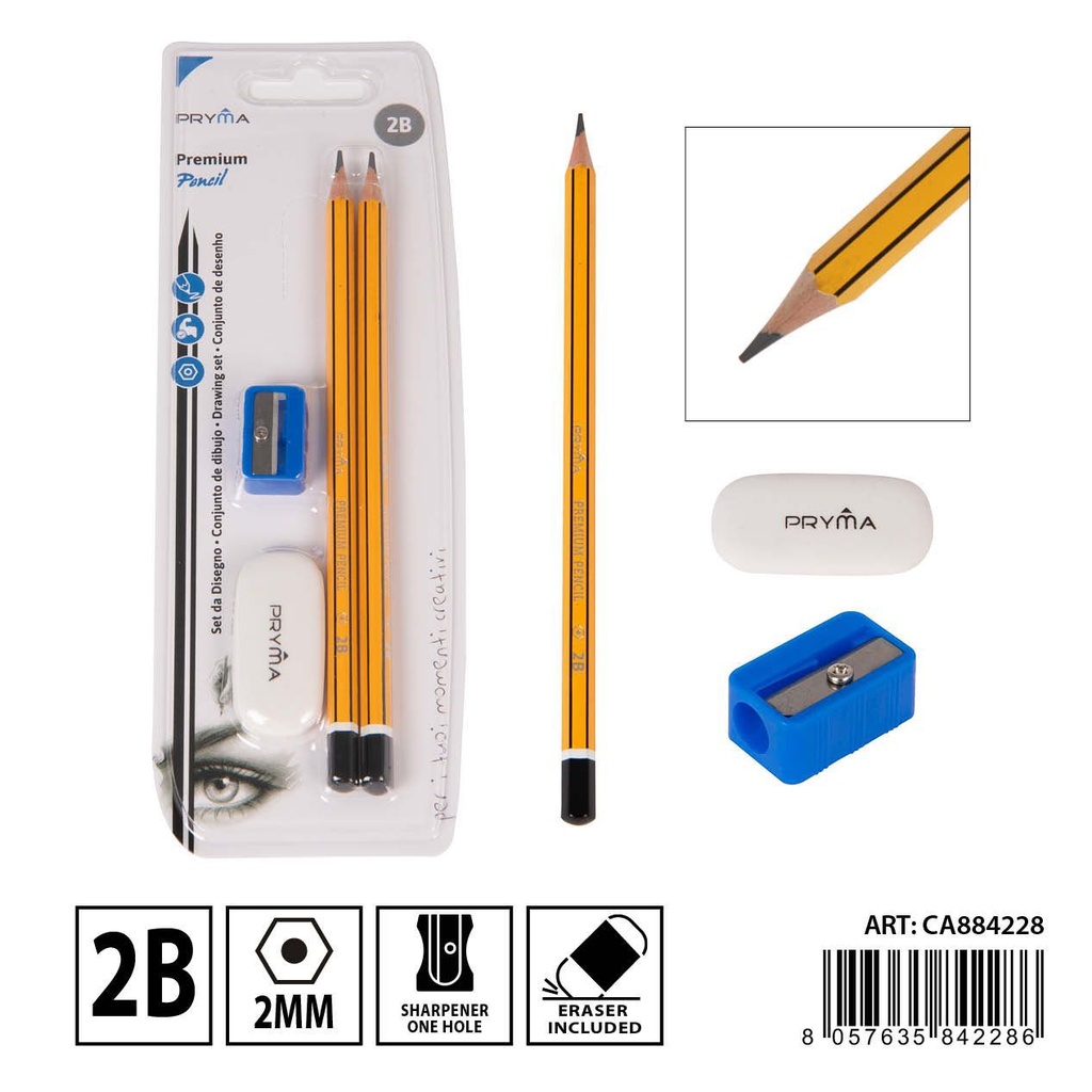 Lápiz 2B 2 pcs + sacapuntas + goma blanca - Utensilios de escritura