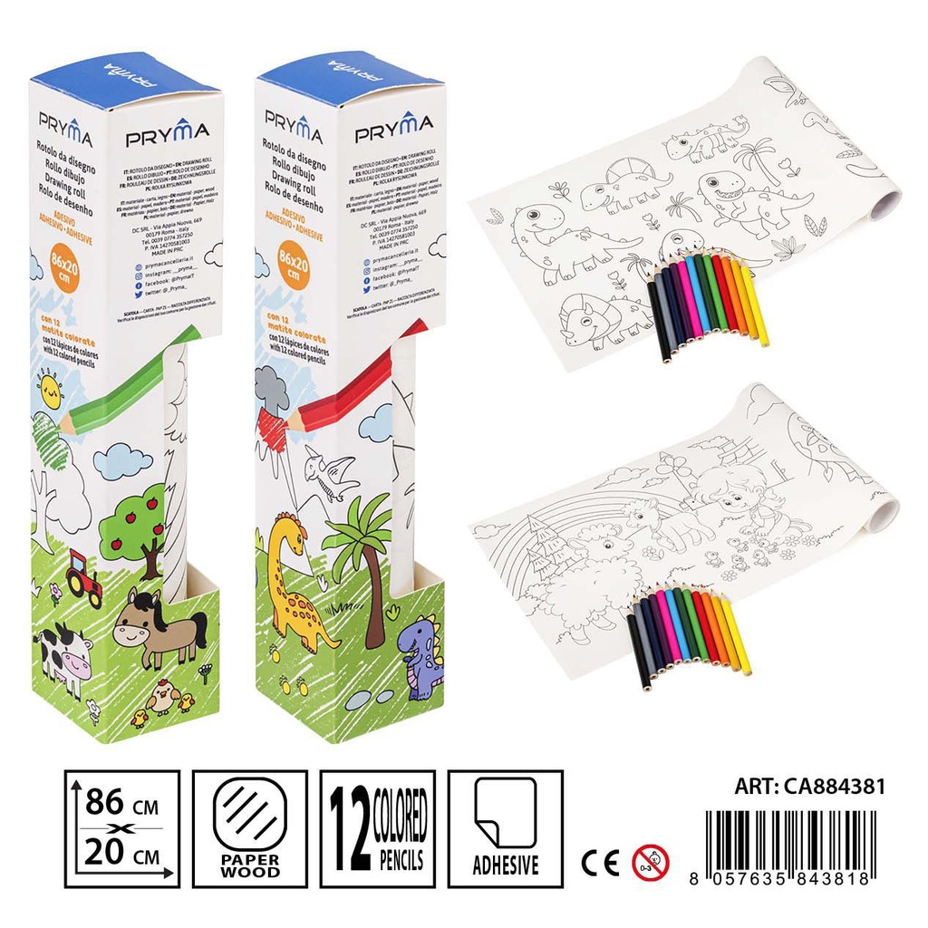Rollo de dibujo + lápices de colores - 12PZ