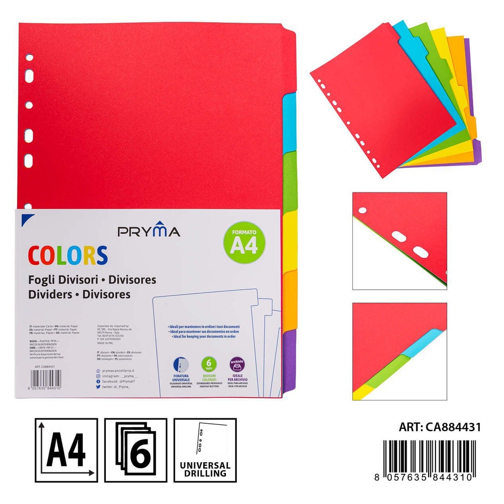 Separadores de índice de colores 6 divisiones - Papelería escolar