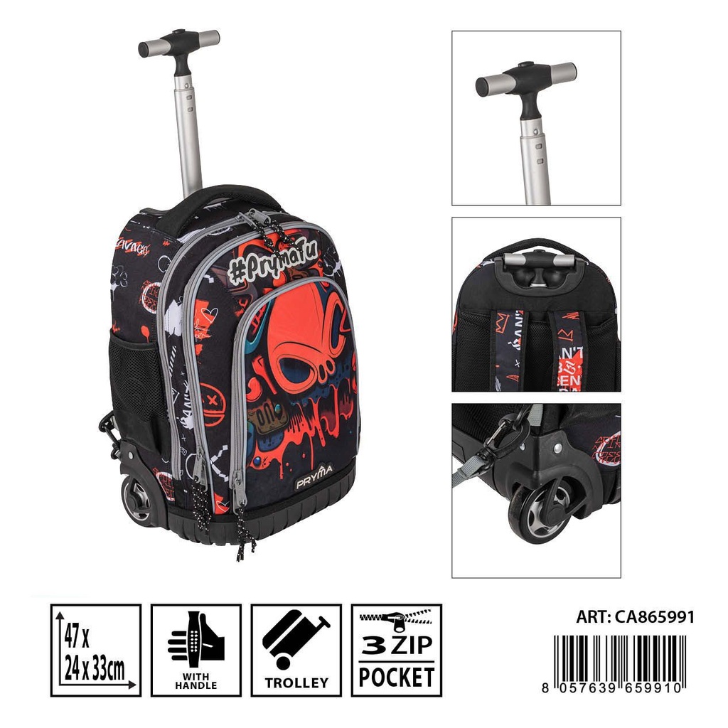 Mochila escolar con ruedas L con calavera 45x22x32.5 cm - Mochilas escolares