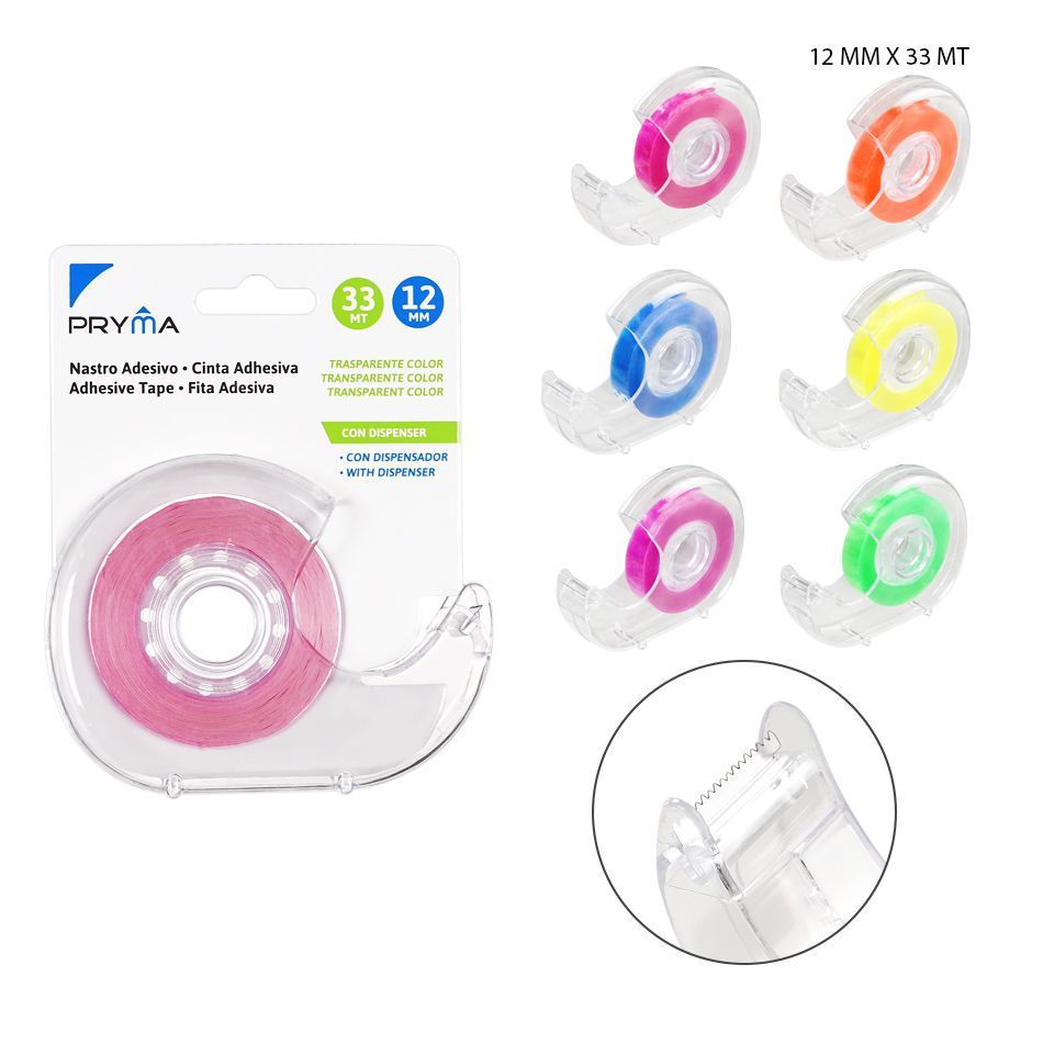 Cinta adhesiva transparente de color con dispensador 12mmx33m - Suministros escolares