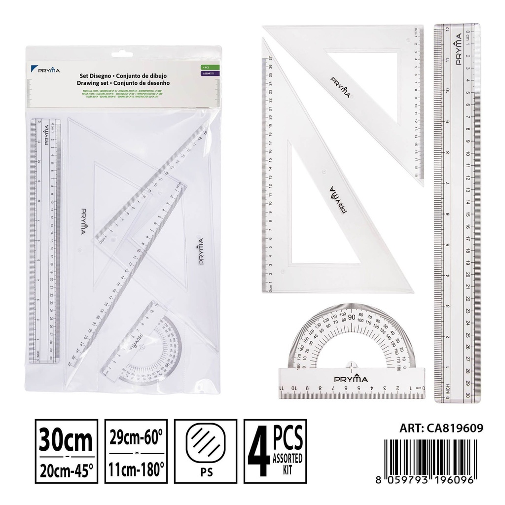 Set de regla 30cm y escuadra 20cm 45°/29cm 60° - Utensilios escolares y de medición