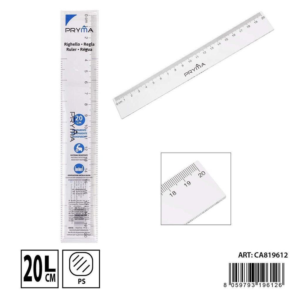 Regla transparente 20 cm - Suministros escolares