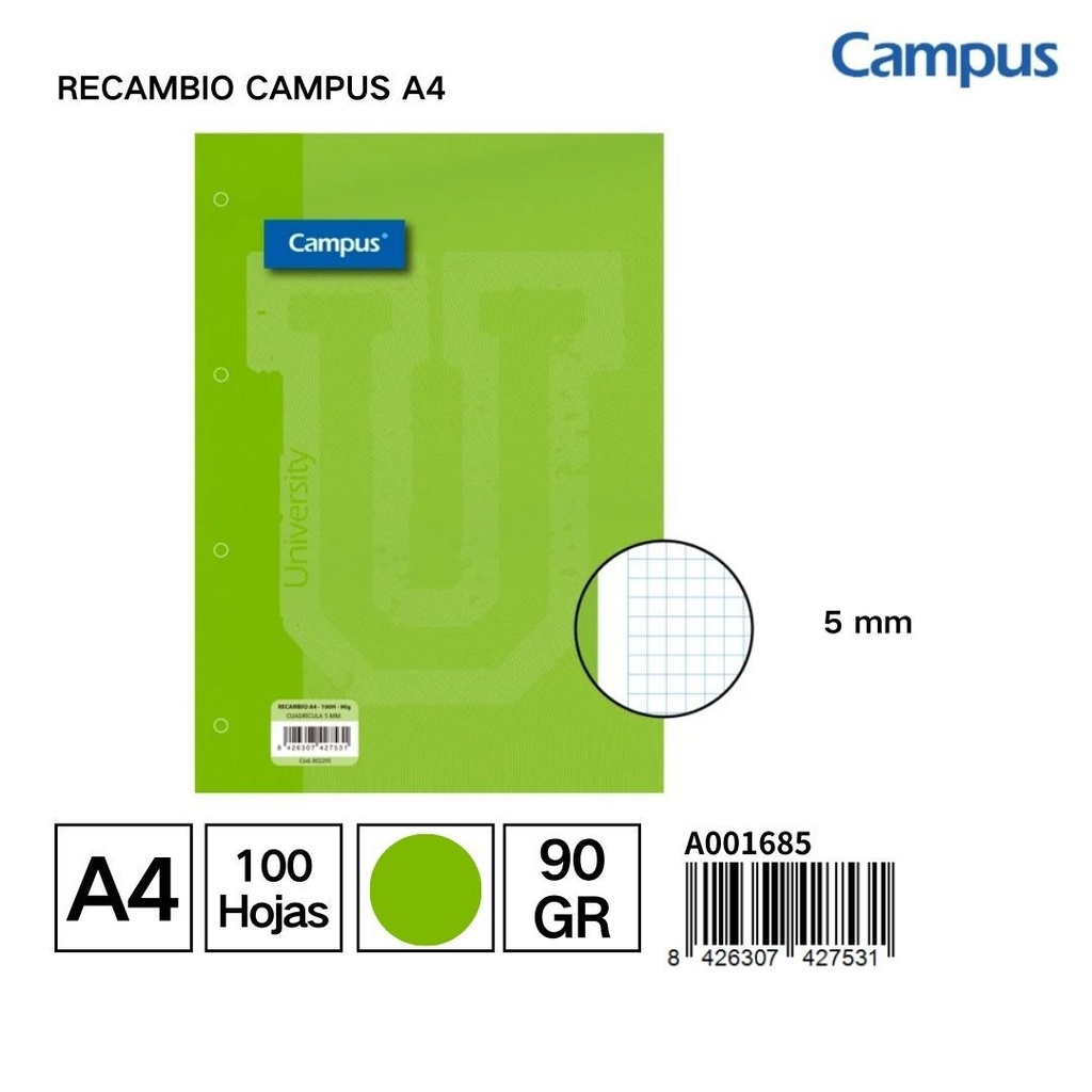 Recambio Campus A4 100H 90g Cuadr. 5mm Verde - Papel cuadrado para óptima escritura