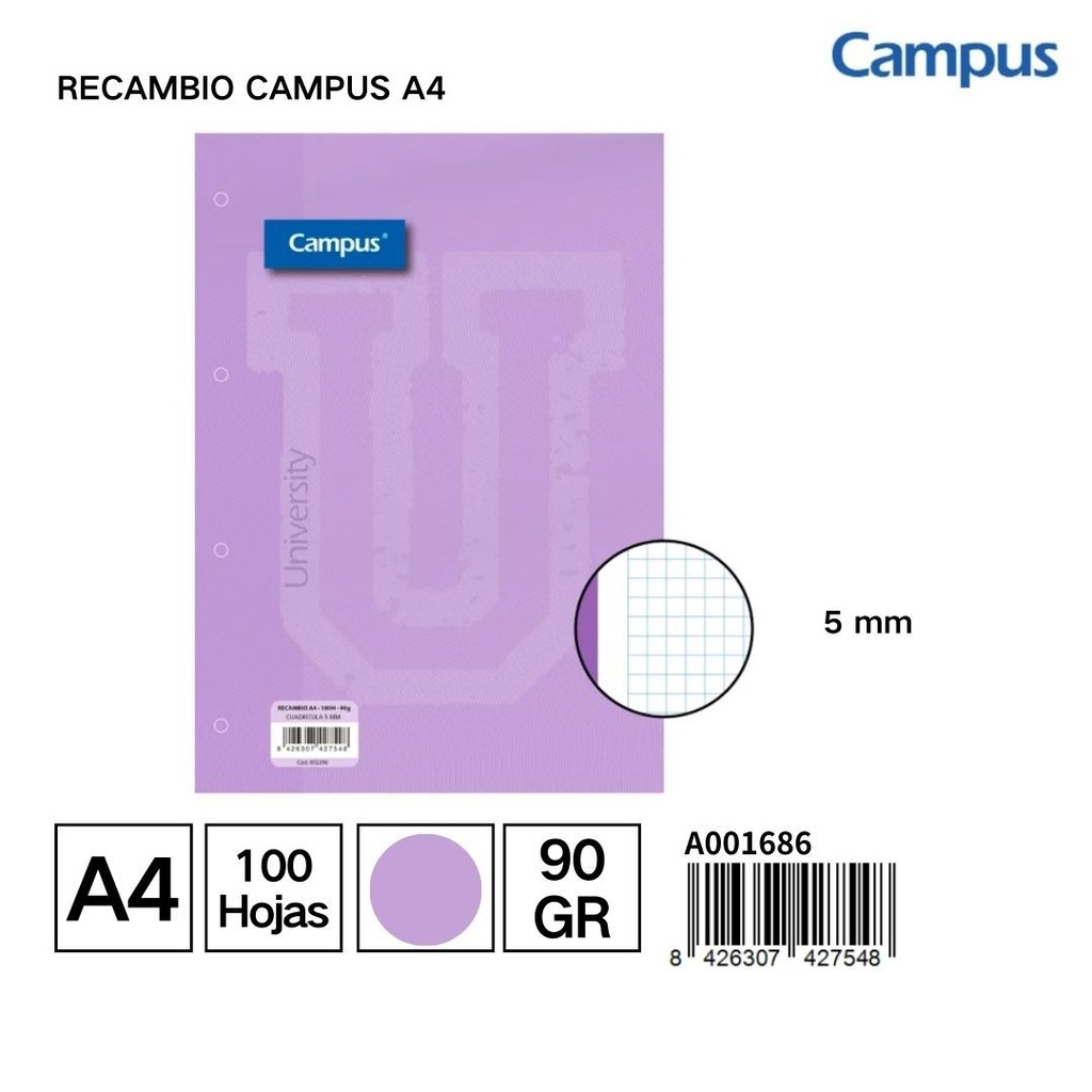 Recambio Campus A4 100H 90g Cuadr. 5mm Violeta - Papel para notas en varios colores