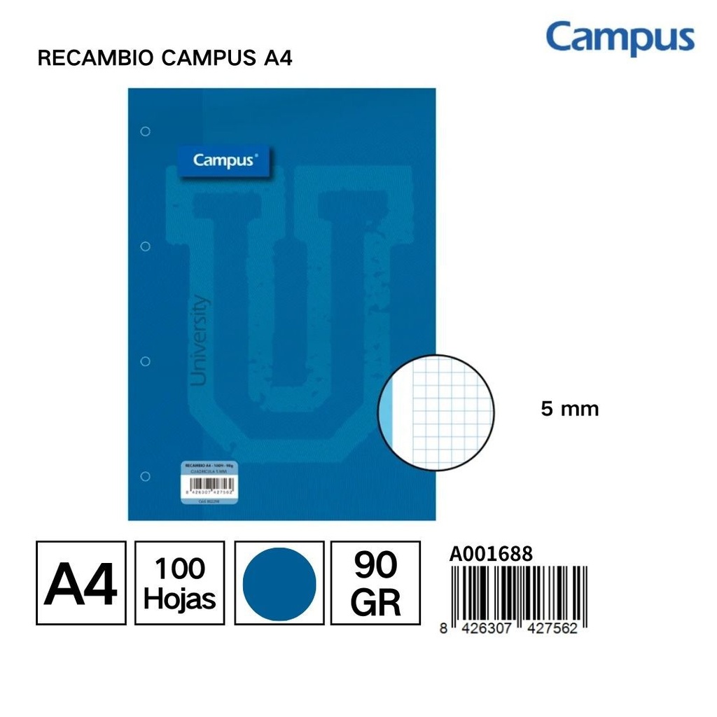 Recambio Campus A4 100H 90g Cuadr. 5mm Azul - Papel para trabajos escolares