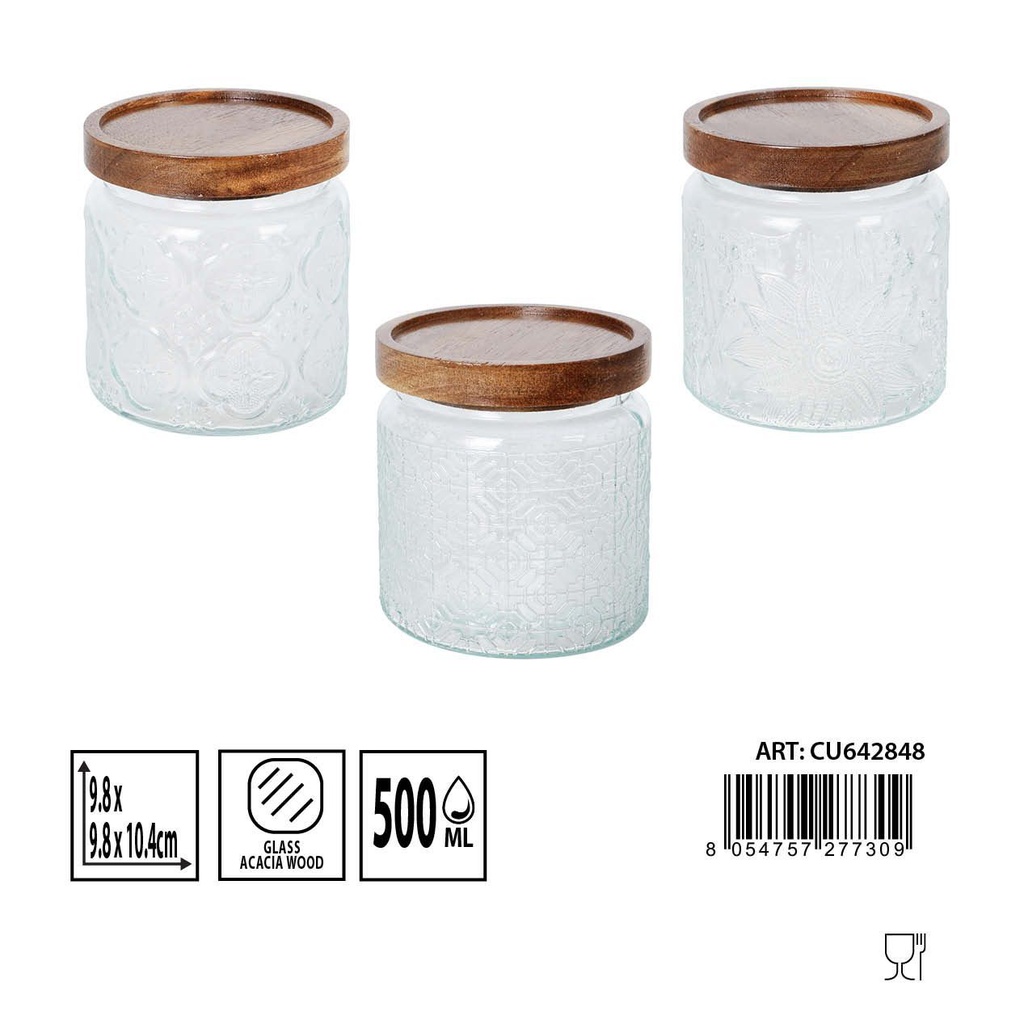 Bote de cristal 500ML con tapa de acacia 9.8X9.8X10.4CM - Almacenamiento