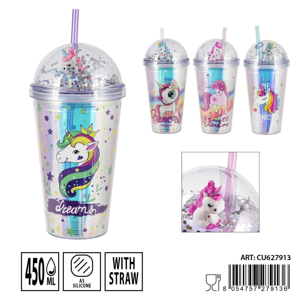 Vaso con pajita unicornio 450ml 21x10x6.5cm - Accesorios de cocina