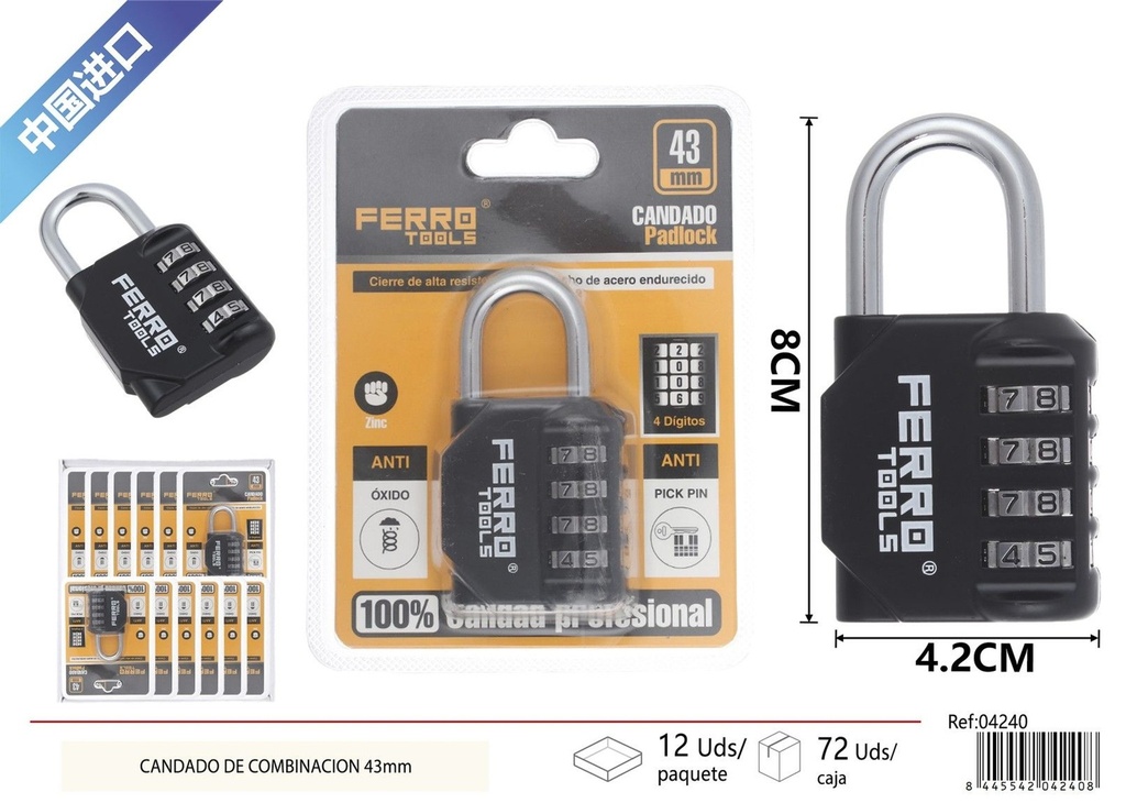 Candado de combinación de aleación de zinc 43 mm - Accesorios de ferretería y seguridad