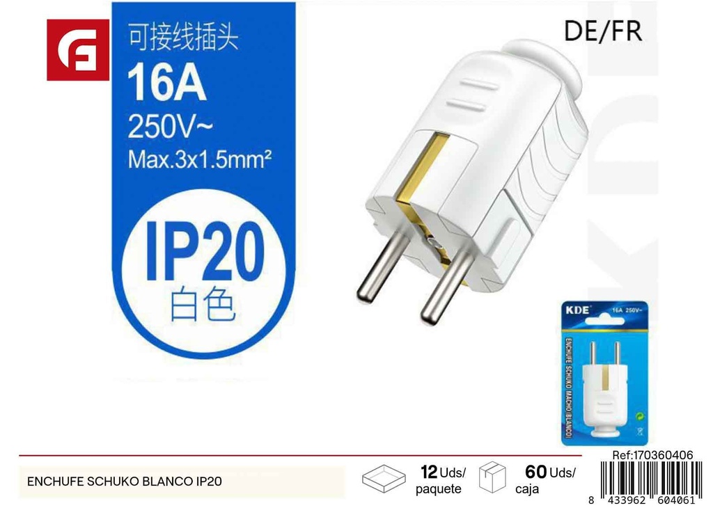 Enchufe Schuko blanco IP20 - Accesorios eléctricos y conectividad