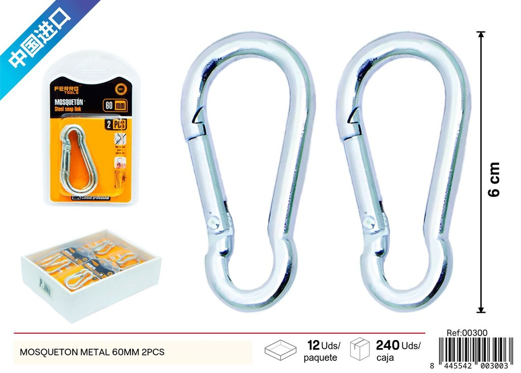  Mosquetón de metal galvanizado (60 mm, 2 piezas) - Artículos de verano