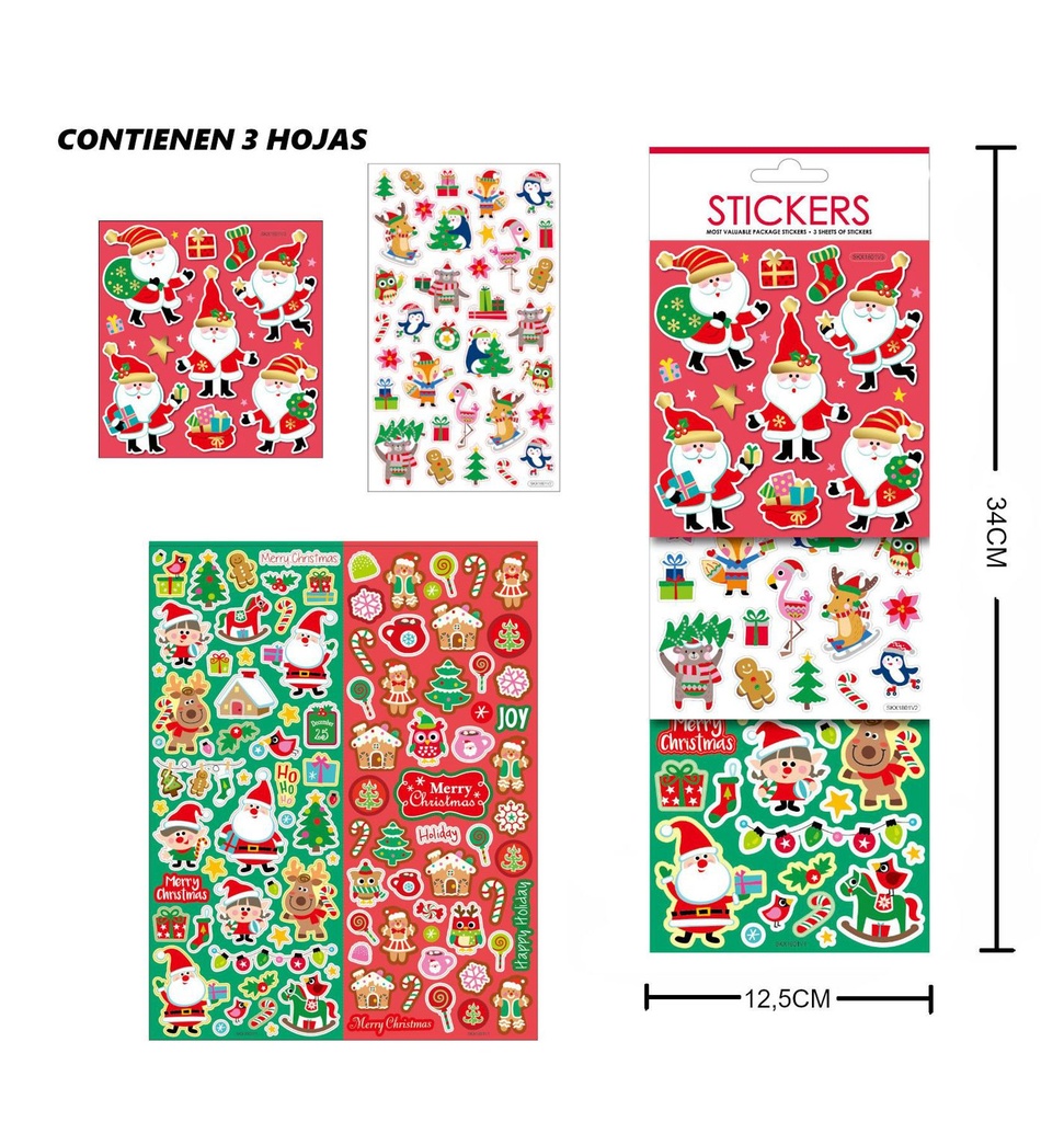 Stickers para regalos navideños 3 hojas 12,5x34cm - Decoraciones navideñas