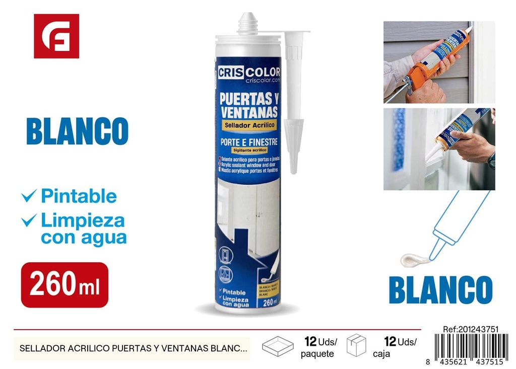 Sellador acrílico para puertas y ventanas blanco 260 ml - Silicones y adhesivos