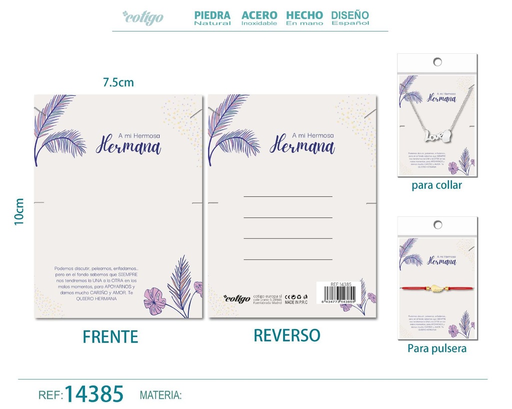 Tarjeta de felicitación para Hermana - Tarjeta para joyas de regalo