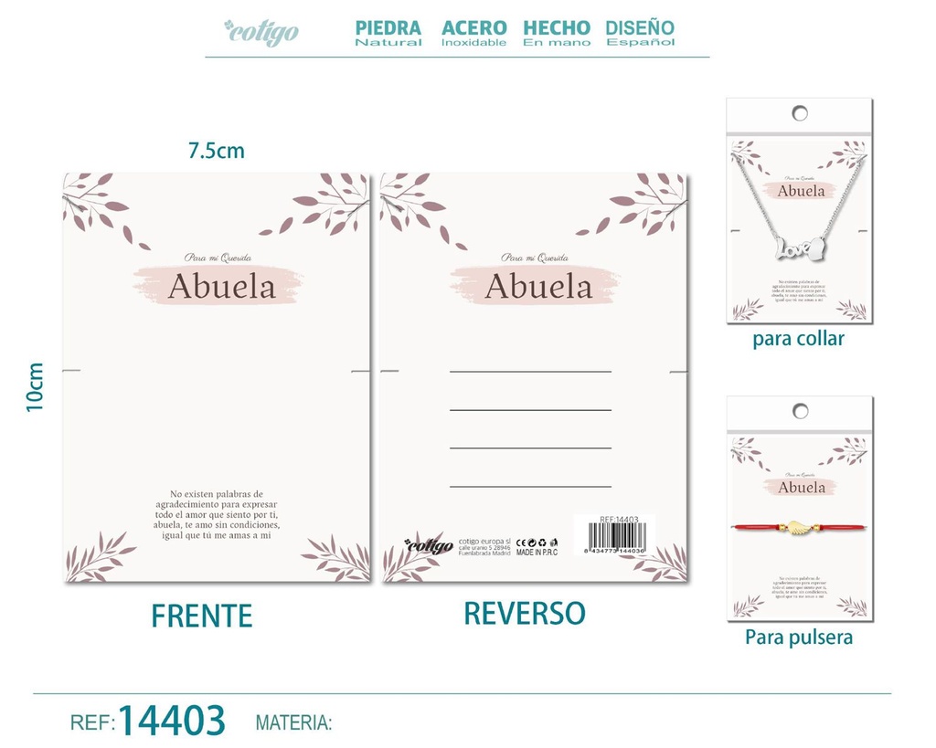 Tarjeta de felicitación para Abuela - Tarjeta para joyas de regalo