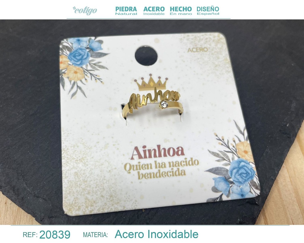 Anillo de acero con nombre "Ainhoa" color dorado - Anillos personalizados
